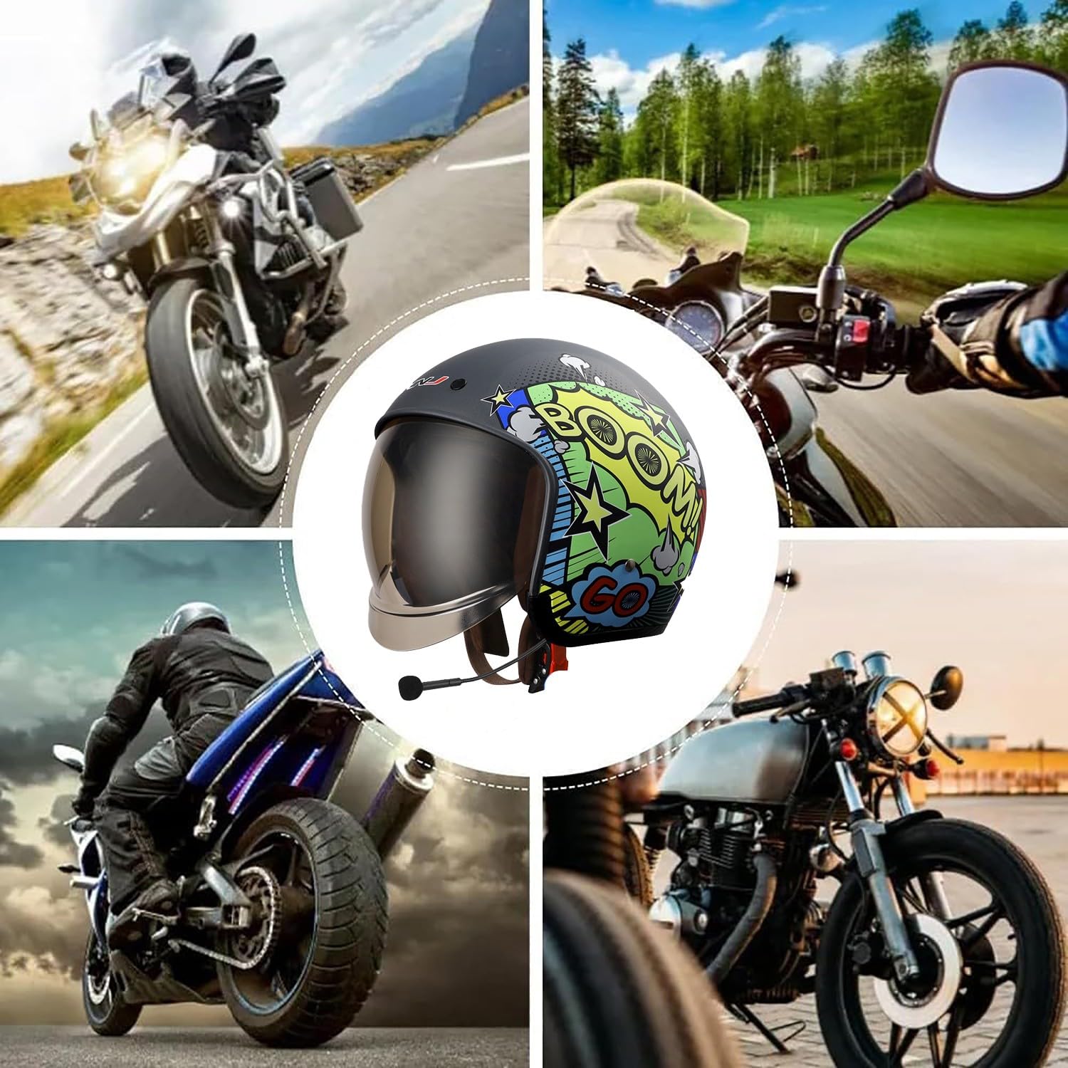 Casco Moto Retro 3/4 Alemania con Bluetooth, Casco Moto Abierto Estilo Vintage Adecuado con Visera Parasol, Certificado Según Las Normas ECE, Conducir Carretera Utilizar Scooter. F,Large