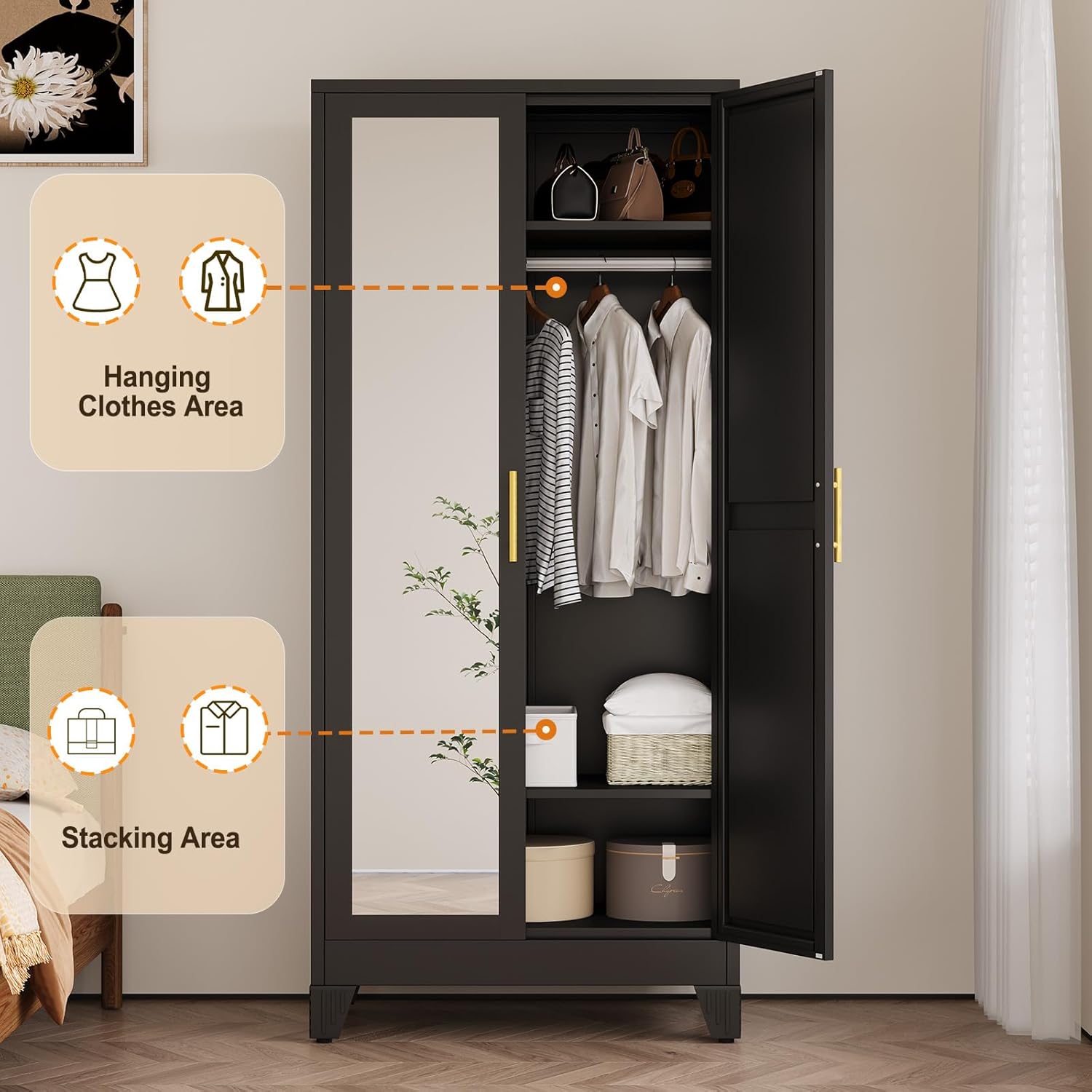 Metal Wardrobe Storage Cabinet with Mirror and Hanging Rod,71'' Metal Clothing Cabinet with 2 Doors and 2 Adjustable Shelves for Bedroom, Laundry Room, Cloak Room (Black)