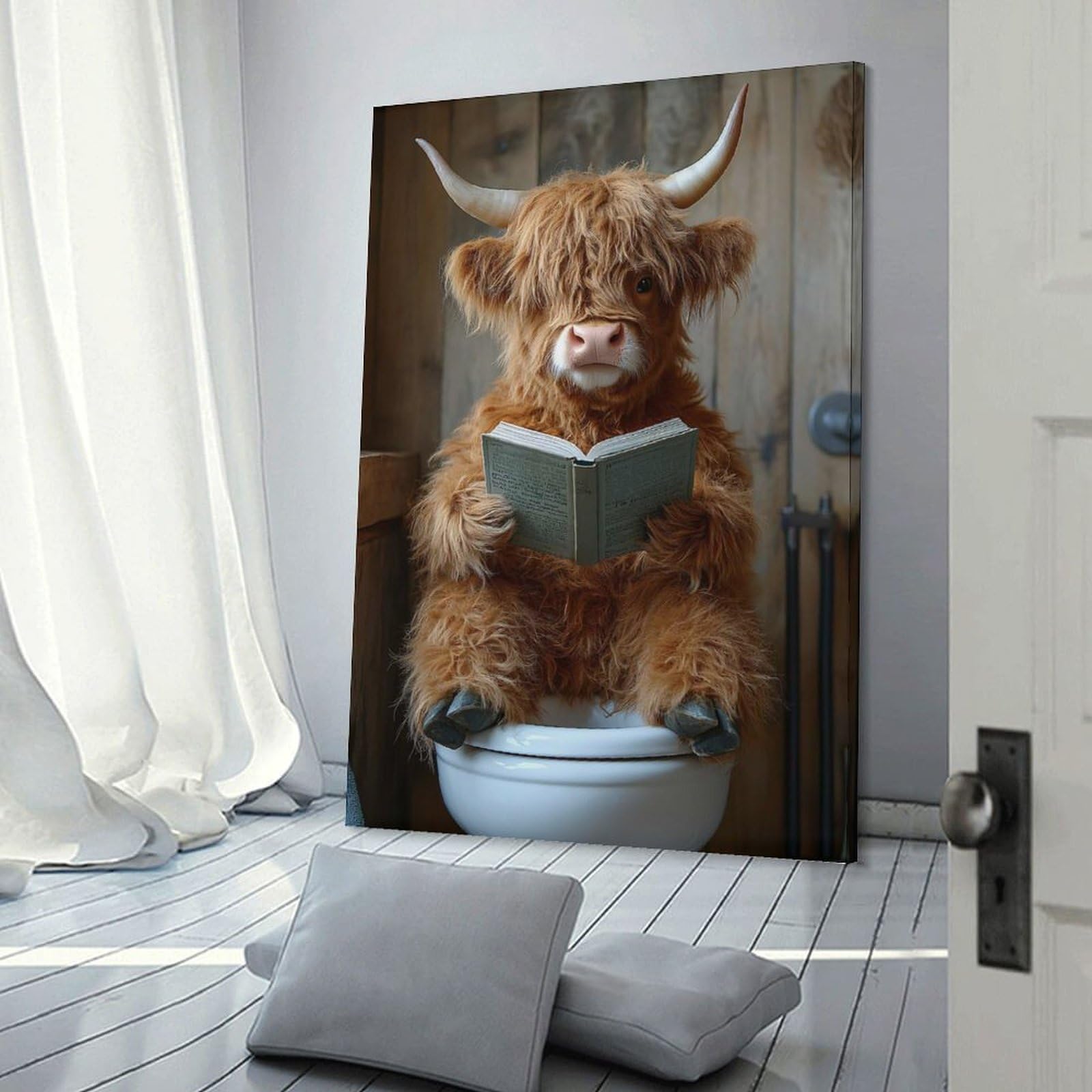 Junmoney Frame-Style-4 Canvas Wall Art Highland Cow Reading On Toilet Poster, Picture, Metal Print, Paint By Creed, 24X36inch(60X90cm), For Lounge, Study, Hallway Or Flat Walls, Canvas Wall Art That Fits Changing Layouts