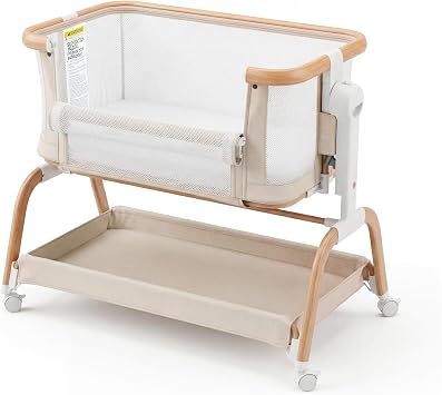 3 in 1 Baby Bassinet,Rocking Bassinets Bedside Sleeper with 6 Adjustable Heights,Breathable Full-Mesh,Comfortable Mattress & Lockable Wheels,Stable Rolling Portable Crib for NewbornsBeige | Breathable Full-Mesh