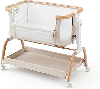 3 in 1 Baby Bassinet,Rocking Bassinets Bedside Sleeper with 6 Adjustable Heights,Breathable Full-Mesh,Comfortable Mattress & Lockable Wheels,Stable Rolling Portable Crib for Newborns(Beige) | Breathable Full-Mesh, Wood Grain Design, V-Shaped Structure