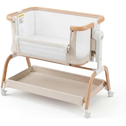 3 in 1 Baby Bassinet,Rocking Bassinets Bedside Sleeper with 6 Adjustable Heights,Breathable Full-Mesh,Comfortable Mattress & Lockable Wheels,Stable Rolling Portable Crib for Newborns(Beige) | Breathable Full-Mesh, Wood Grain Design, V-Shaped Structure