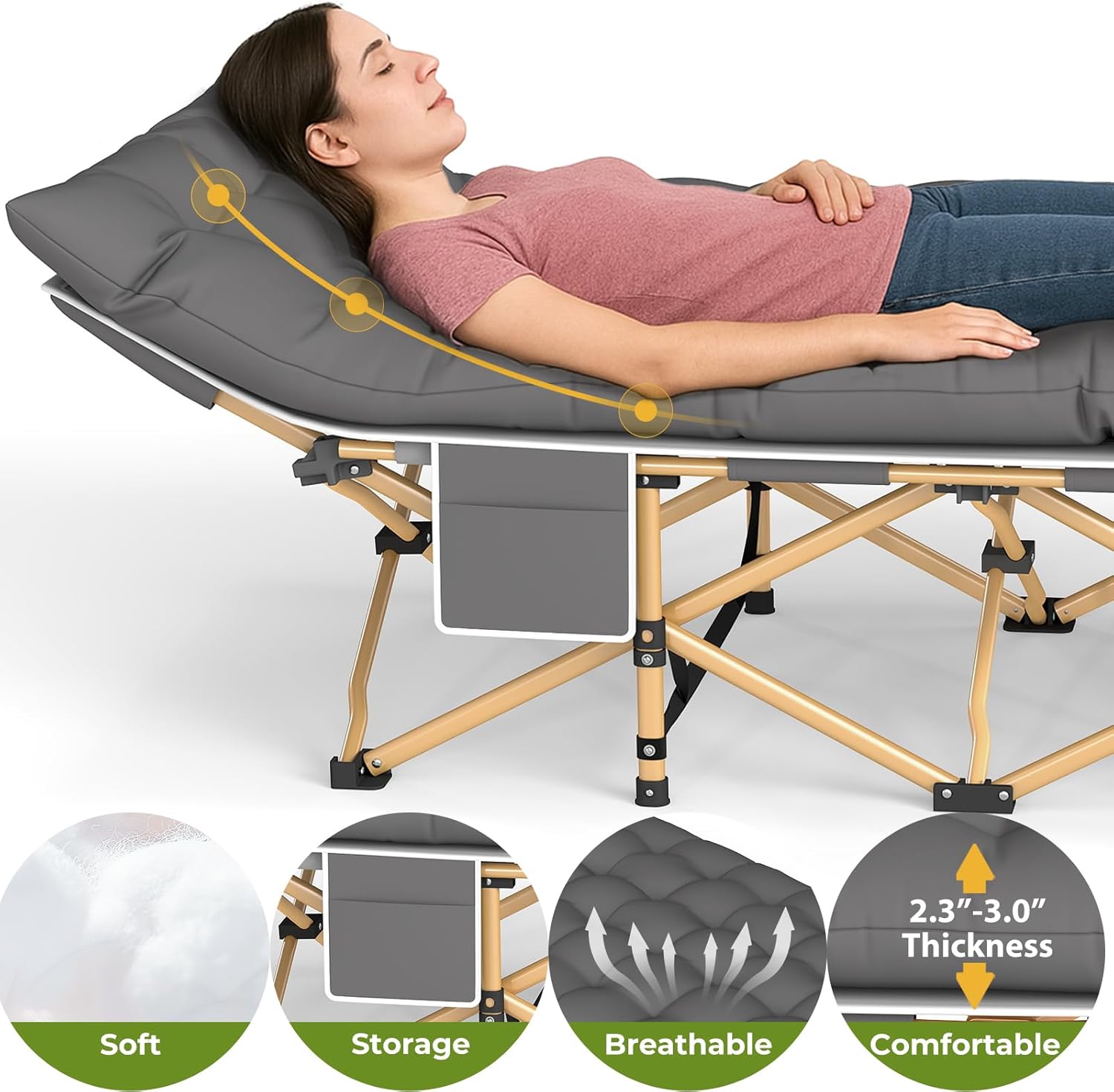 Folding Camping Cot for Adults, Heavy Duty Sleeping Cots with Carry Bag, Double Layer Oxford Portable Travel Camp Cots for Outdoor Camp Beach Home Office (Brass Frame with Gray Pad, 1PACK)