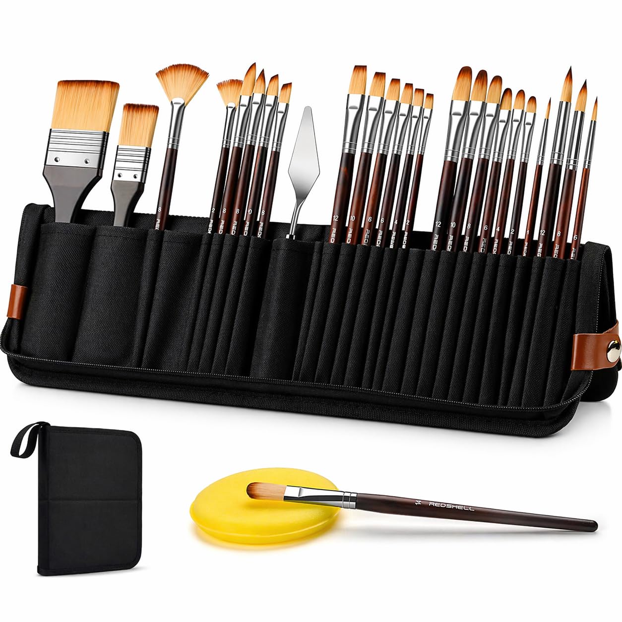Juego de 26 pinceles para acuarela y pintura al óleo, pinceles de pintura acrílica de acuarela de viaje con plano, filbert, ventilador, daga, lengua de gato, redondo, cuchillo de paleta, kit de