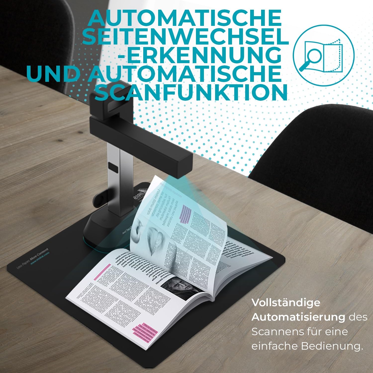 IRIScan Desk 6 Buchscanner Schwarz mit 8MP Kamera und LED, scannt Bücher und A4-Dokumente mit OCR, AI-Flachlegung und Finger-Entfernung, USB, für Win & Mac, inkl. Readiris PDF