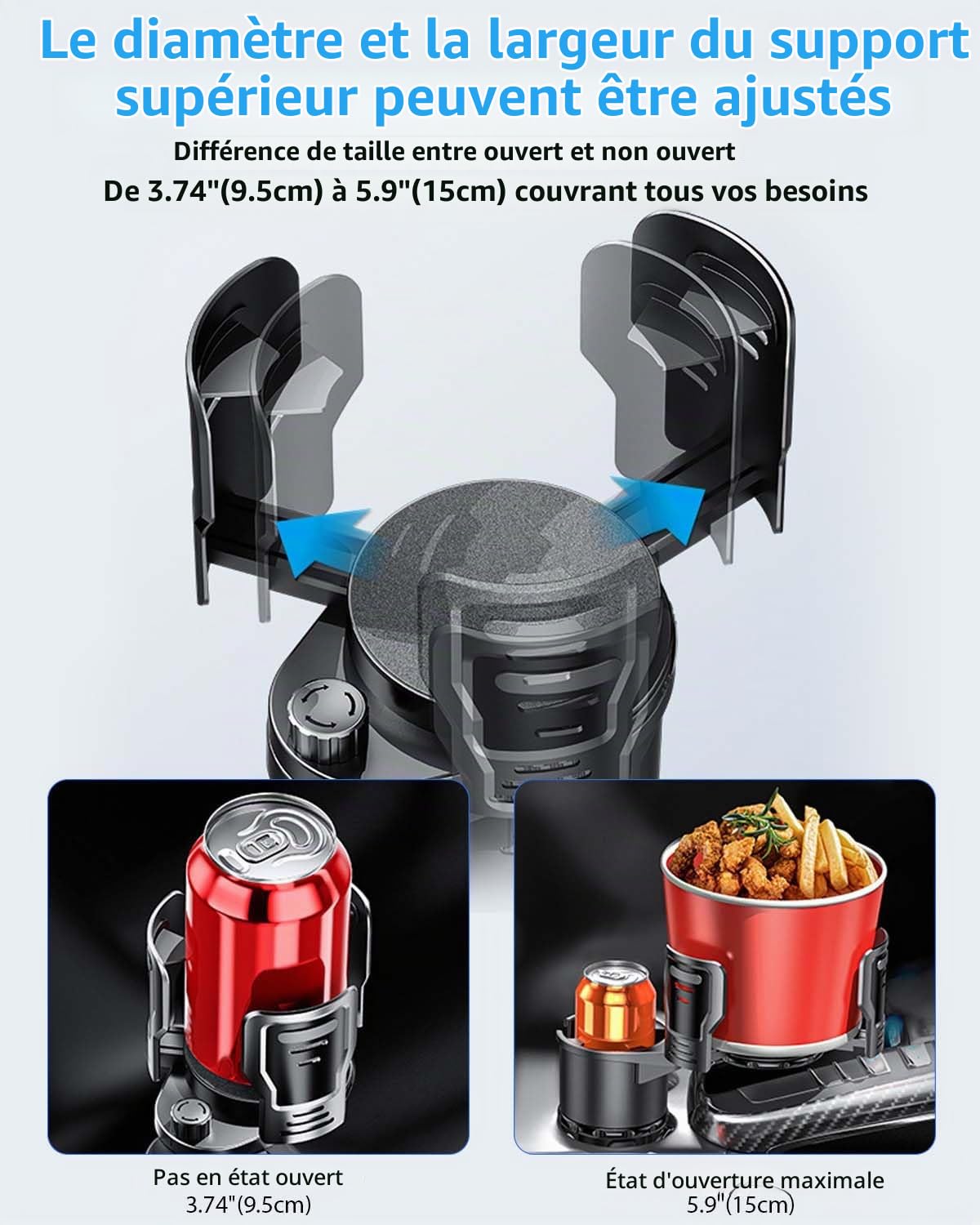 Porte-gobelets 2 en 1 pour voiture multifonction rotatif 360° pour la plupart des porte-gobelets et organisateur d'intérieur voiture