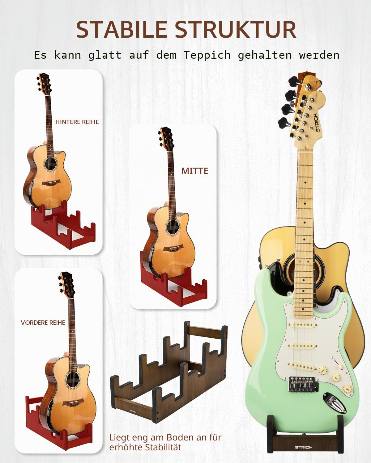 STRICH Holz-Gitarrenständer für mehrere Gitarren, 3-facher Halter, Gepolsterter Multi-Gitarrenständer für Zuhause, Studio, Bühne, L-3AW (Für 3 Akustik-/E-Gitarren)
