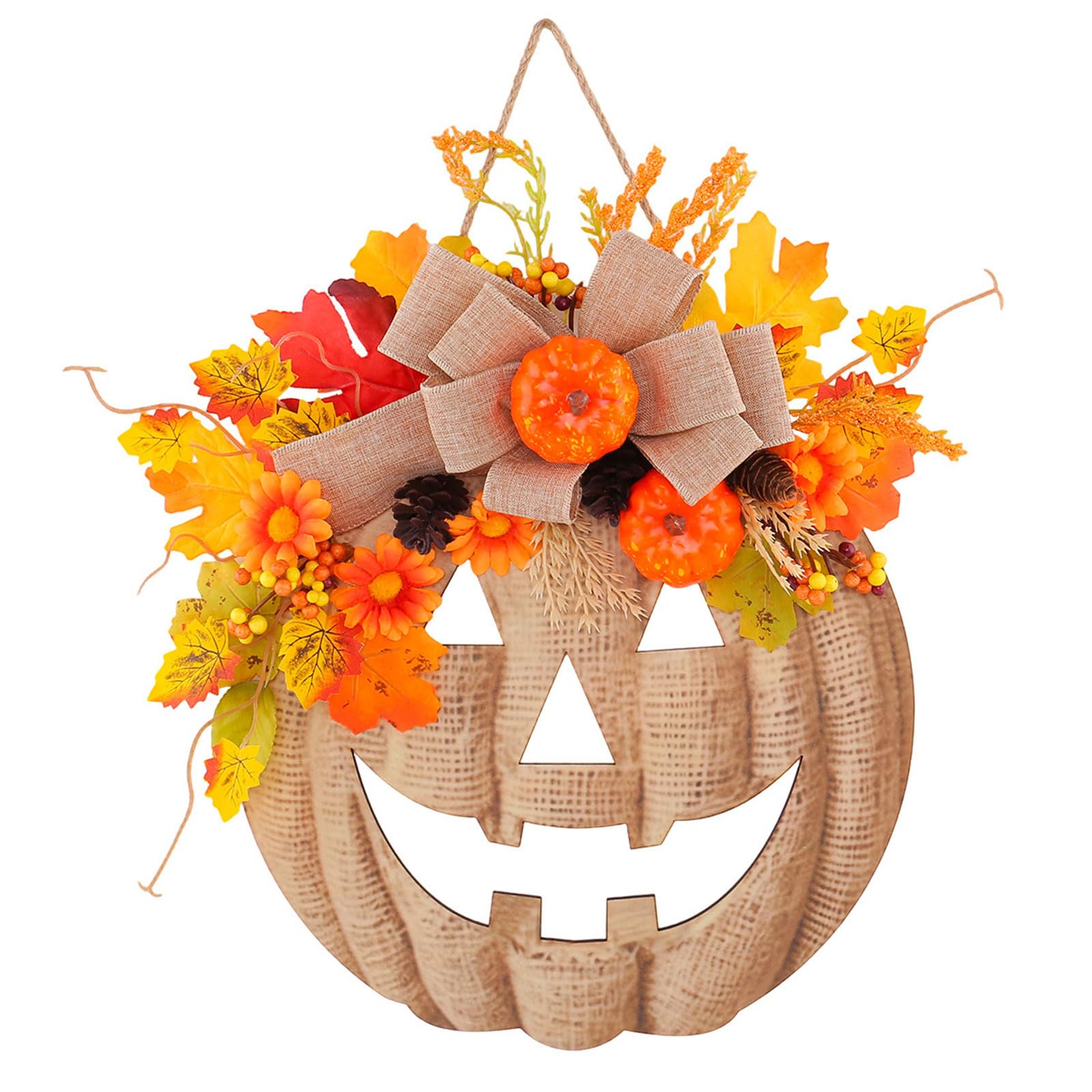 Wooden Pumpkin Wall Decor with Burlap Ribbon, Faux Floral Foliage and Pumpkin Accent for Halloween Door Decor and Fall Entryway Window Display Halloween Door Hanger Fall Wooden Sign Burlap Ribbon Faux
