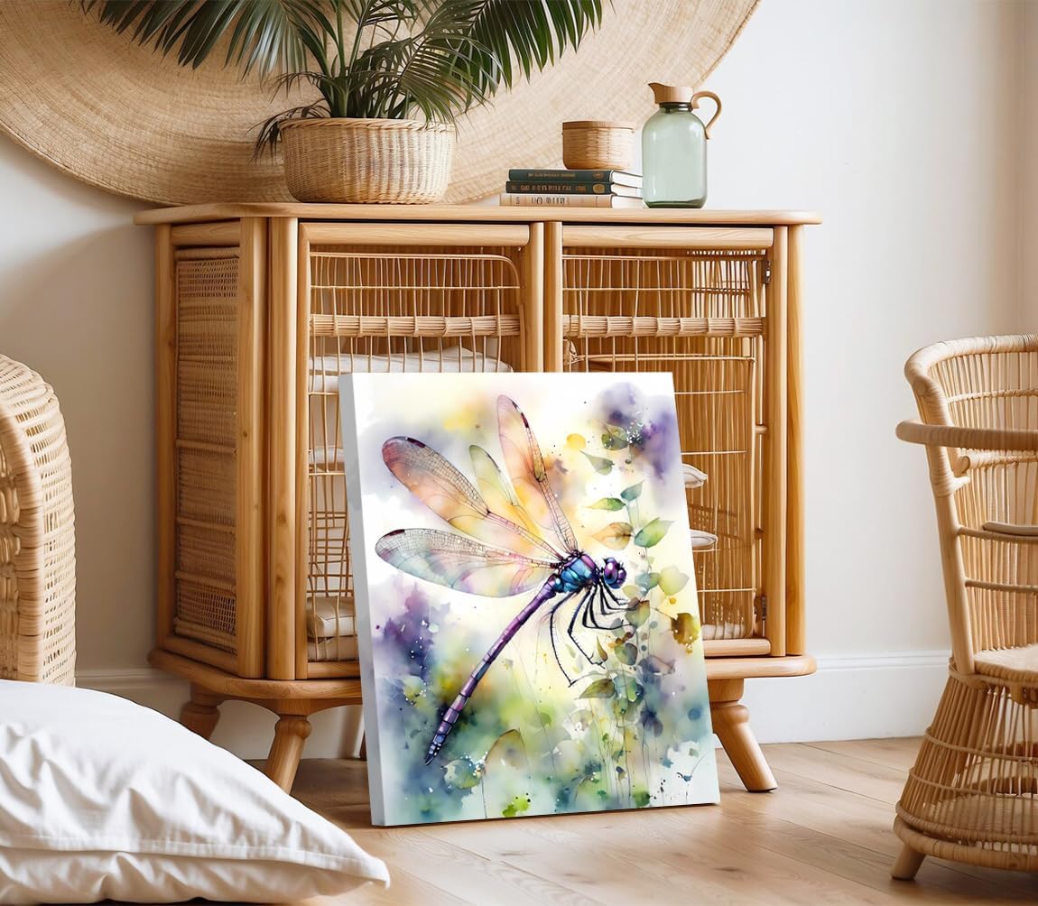 Framed Dragonfly Canvas Wall Art,Colorful Dragonfly Nursery Pictures Wall Decor,Botanical Watercolor Painting Print Artwork Insect Poster,for Bathroom Living Room Home Decor 12''x16''inch