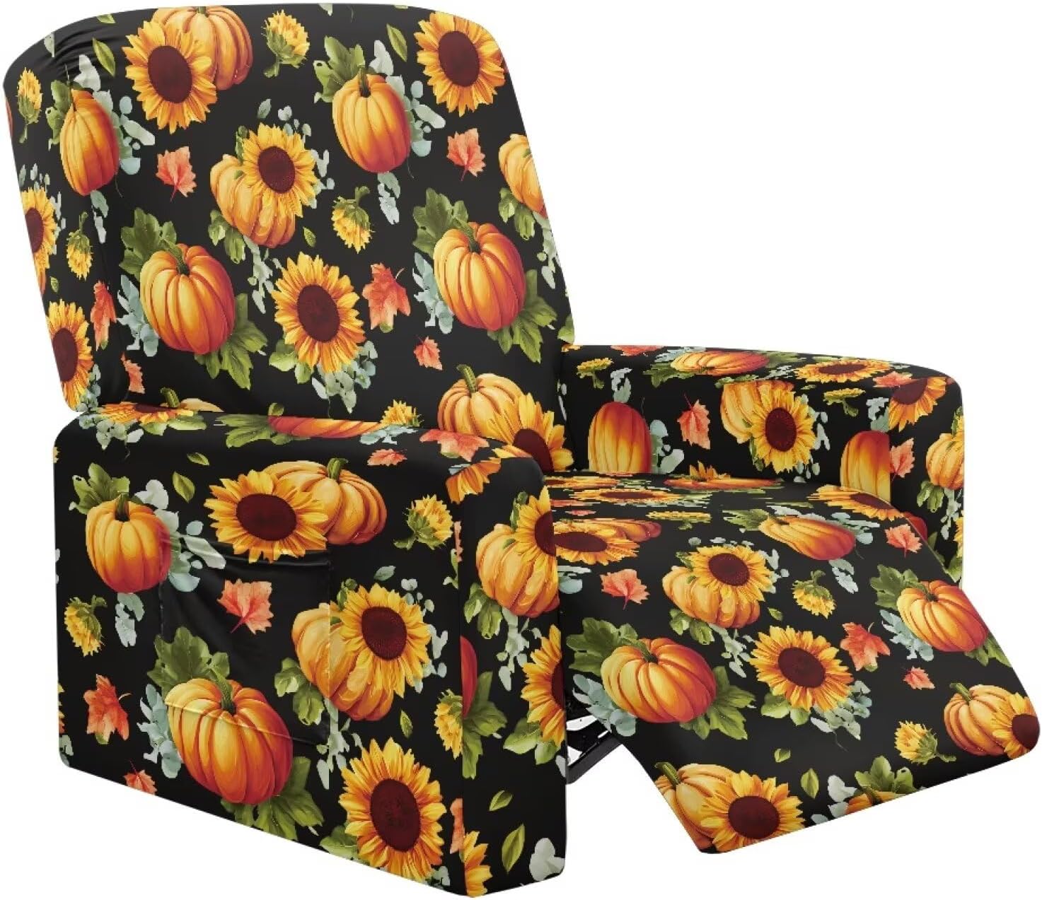 Sunflower Recliner Covers for Recliner Chairs for Animals Pumpkin Lazy Boy Recliner Chair Cover 4 Pieces Black Furniture Slipcover for Thanksgiving