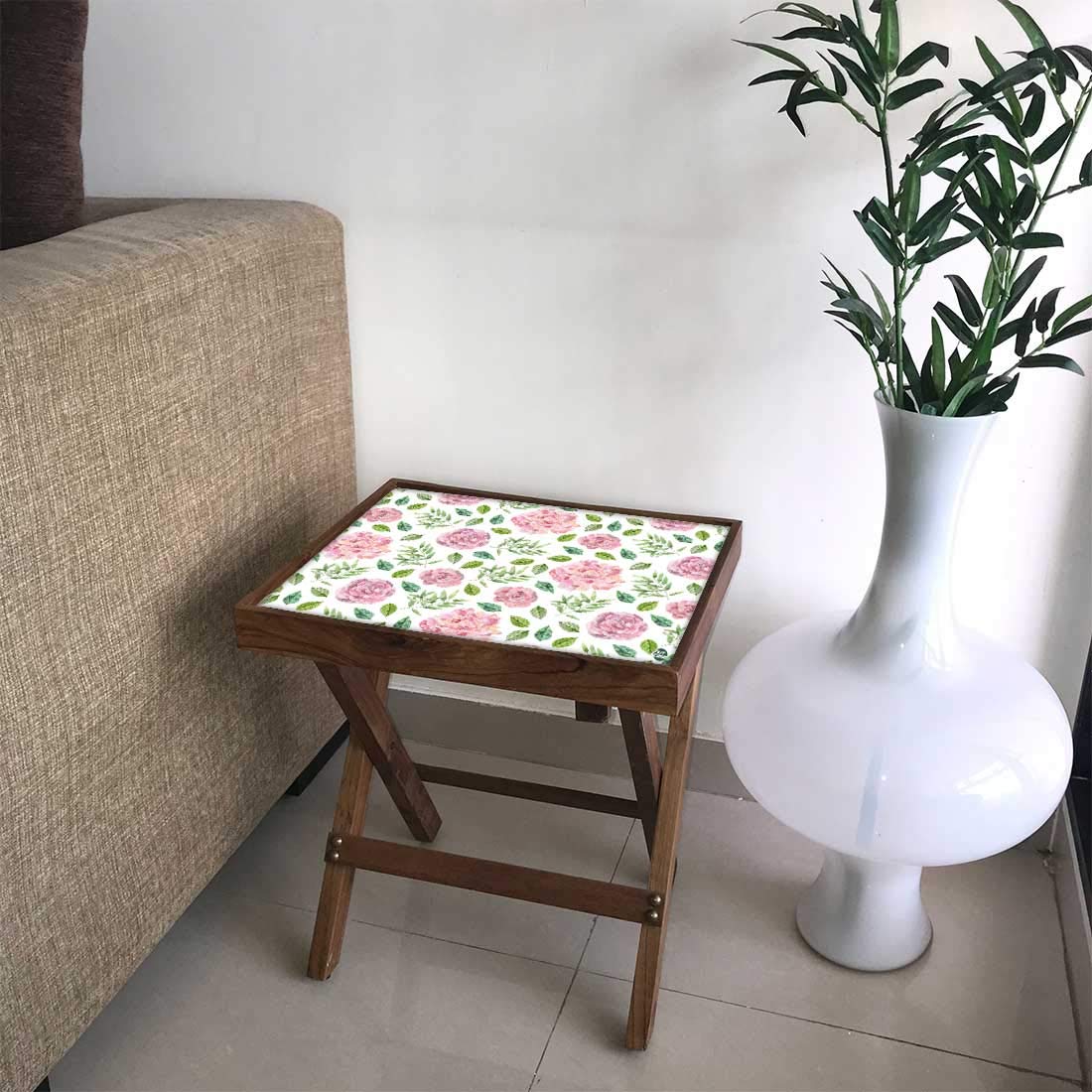 Nutcase Designer Teak Wood Side Table Folding Wooden Bedside Coffee Outdoor Picnic Table - Flower Pattern-image-17