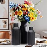 Black Ceramic Vase Set 3 Decorative, Large Black Deco Vase Ribbed Vases for Pampas Grass, Tall Black Matt Vase for Flowers, Home Decor Nordic Style for Dried Flowers Fresh Flowers (Black 01)
