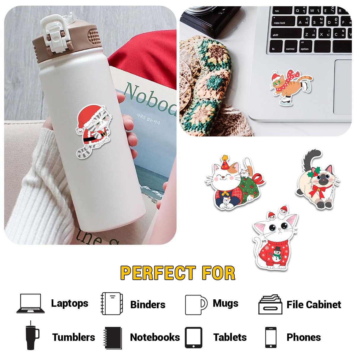 Set di 12 adesivi natalizi a forma di gatto, con cappello di Babbo Natale, maglione, sciarpa, ornamento, ghirlanda, decorazioni festive, adesivi in vinile per laptop, bottiglia d'acqua, telefono