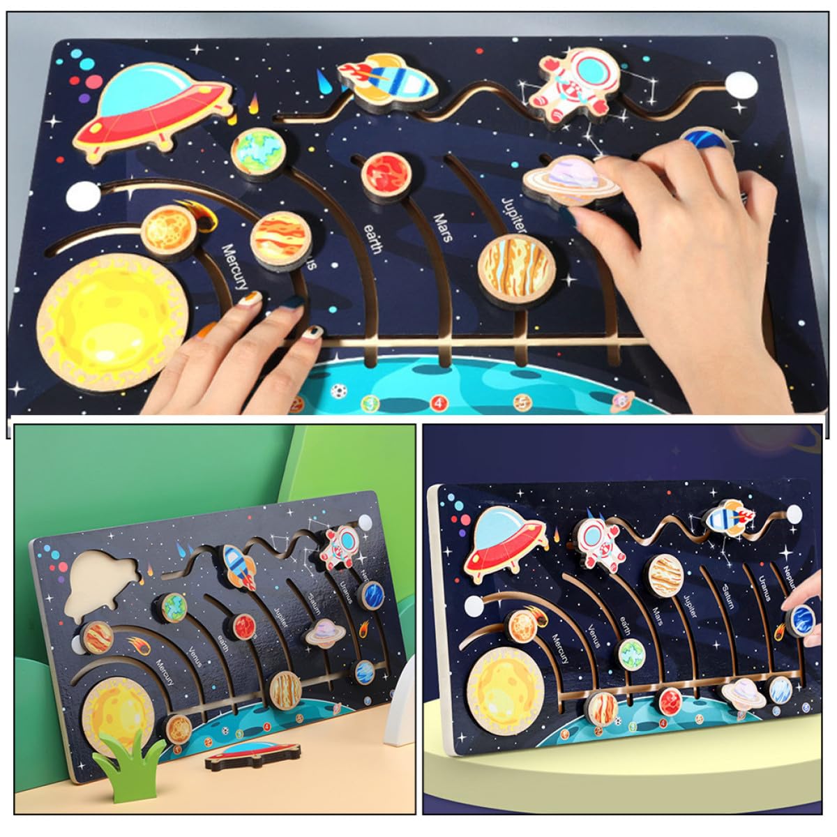 BESPORTBLE Puzzle Solare Mobile in Legno per Bambini Giocattolo Educativo per l'Apprendimento del Cosmo, Favorisce Memoria e Conoscenza di Figure e Colori, Attività Prescolari