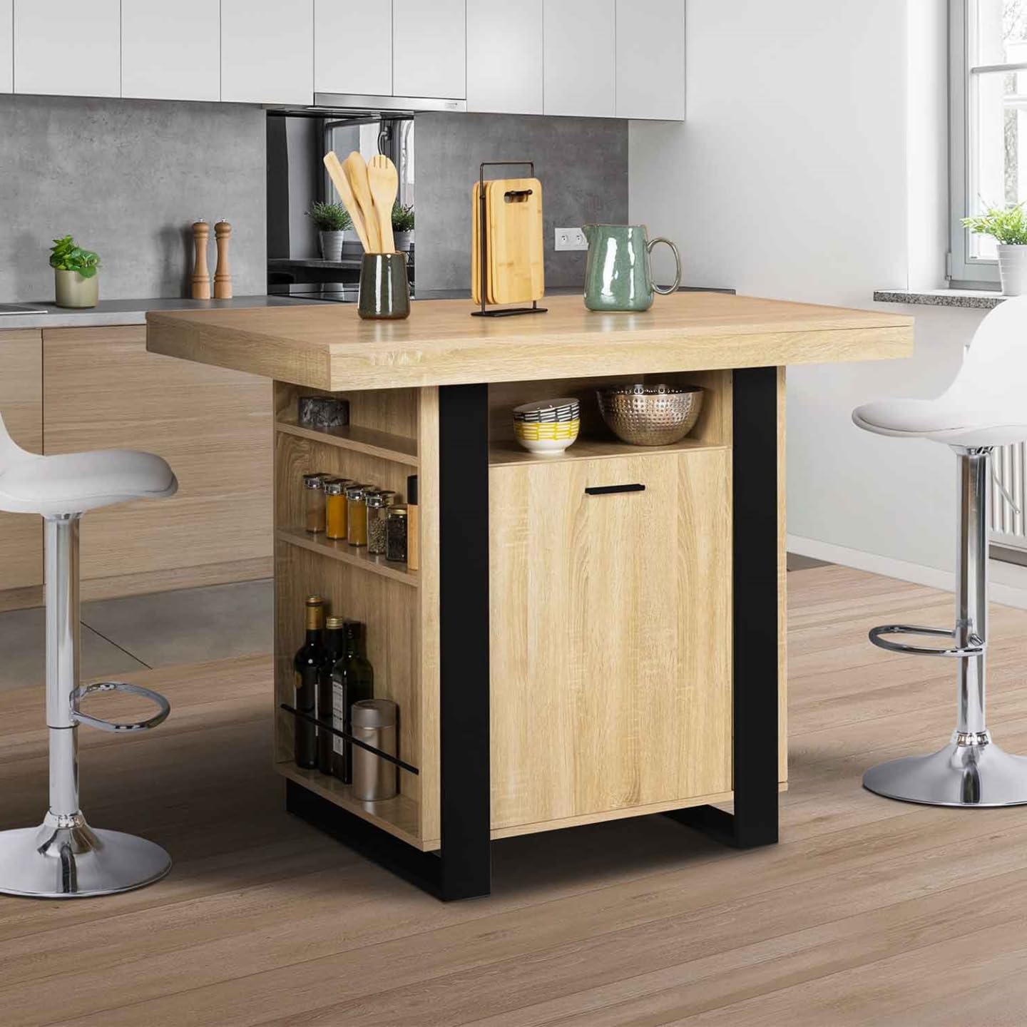 IDMarket - Ilot central PHOENIX 110 cm bois et noir avec rangements