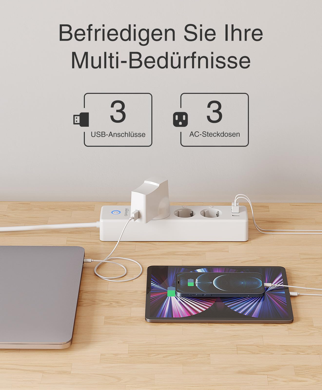 GHome Smart WLAN Steckdosenleiste mit 3 AC-Steckdose und 3 USB,Separat Gesteuert Schalter mit Mehrfachsteckdose,Stromverbrauch Messen,App-Steuerung,Kompatibel mit Alexa,Google Home,Nur 2,4GHz,16A,1.5M