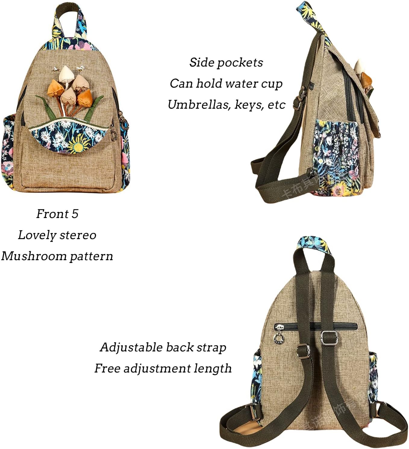 HUANGGUOSHU Women's Mini Backpack Purse - Boho Adjustable Carry Sling Bag with Mushroom Design - Image 4