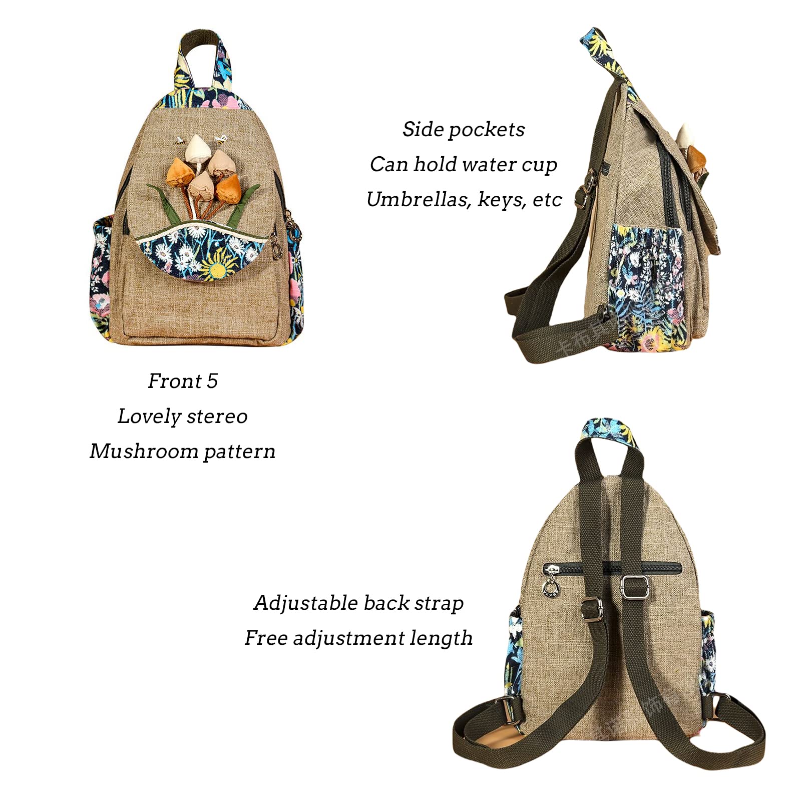 Bolso tipo mochila para mujer, estilo bohemio, convertible, pequeño, con diseño de hongos y tejido, hippie, Marrón oscuro, middle-sized, Mochilas de mochila
