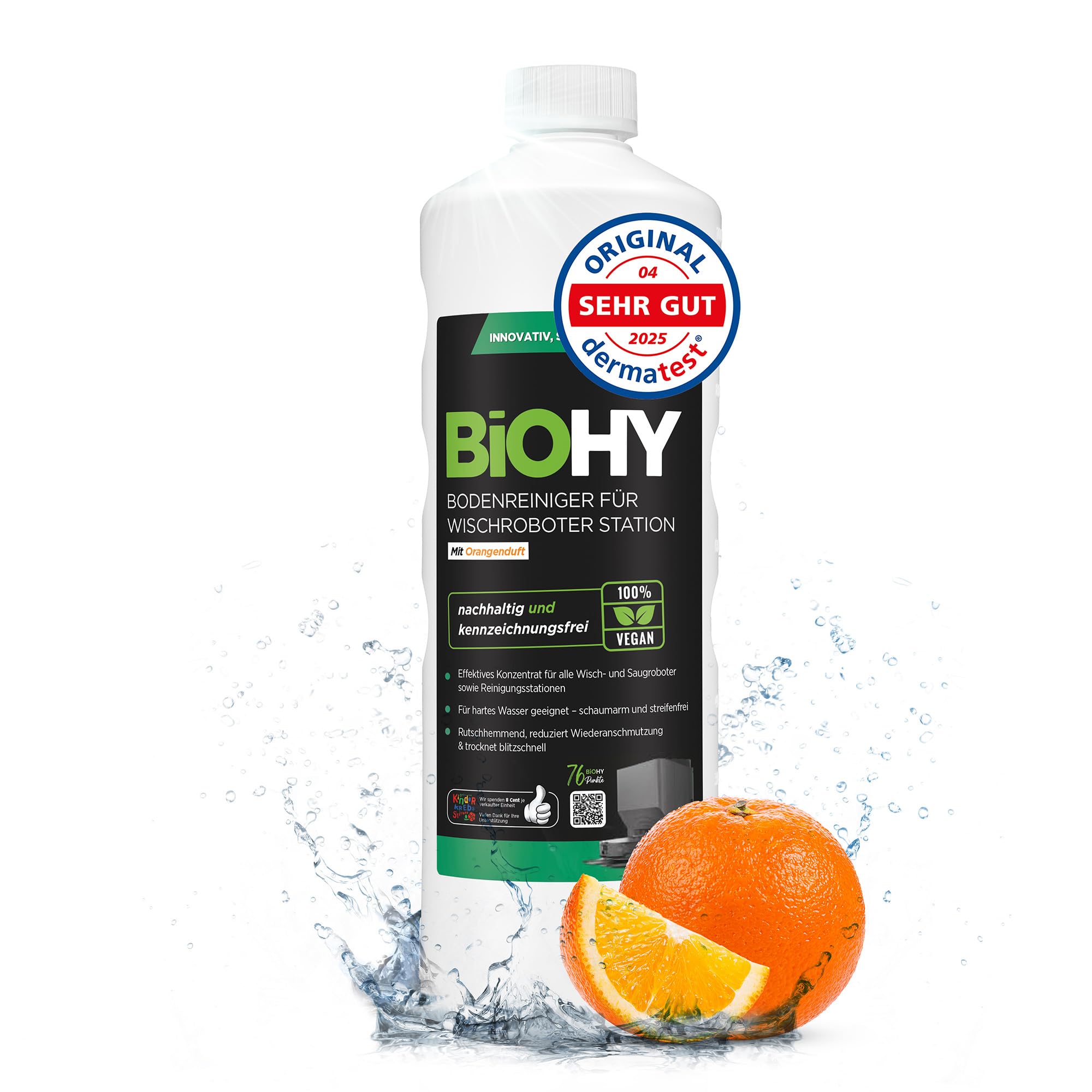 BIOHY Nettoyant pour sol pour station de robot laveur avec parfum d'orange (bouteille de 1 L) | Solution nettoyante concentrée pour tous les robots laveurs et aspirateurs avec fonction humide | Faible