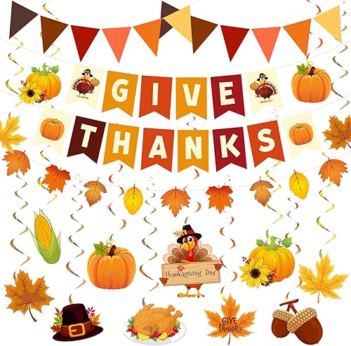 Tiamon 63 piezas de decoraciones de Acción de Gracias, guirnalda de hojas de otoño, pavo, calabaza, remolinos colgantes, decoración triangular para