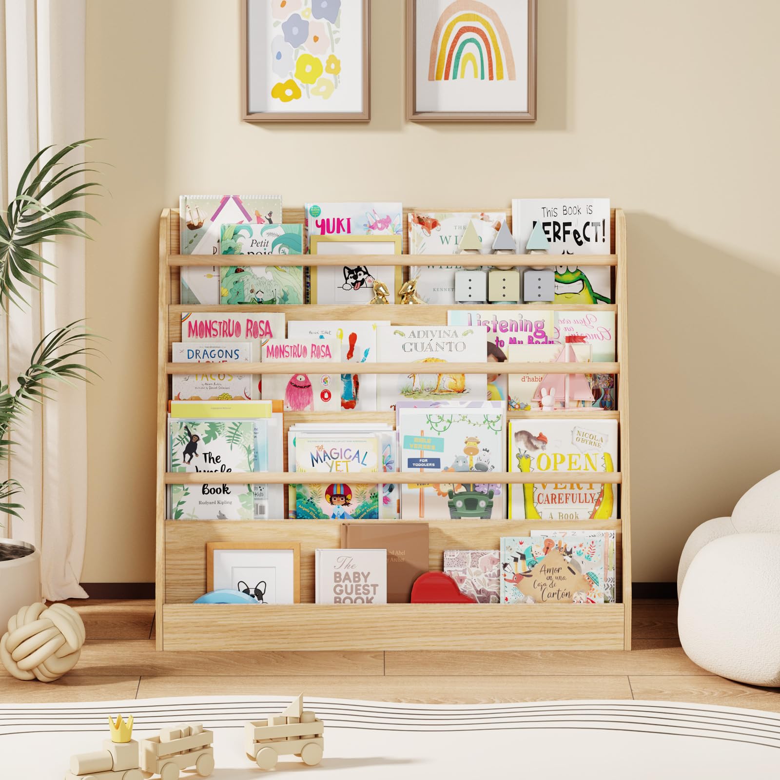 Estantería para niños, estante de madera de 4 niveles para niños, estantería Montessori para habitación infantil, estantería infantil para guardería y aula (natural) 6