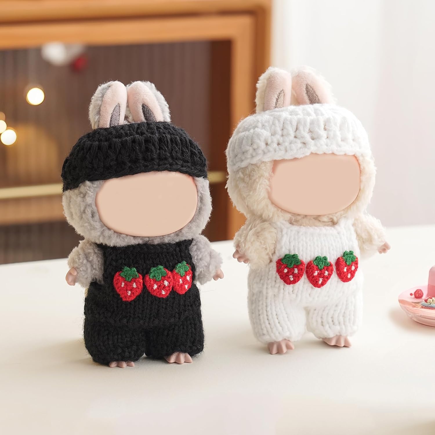 Doll Clothes, 2-Piece Set for 6.67 Inch (17cm) Doll, Hand-Woven Cashmere Outfit, Including Stylish Hat and Cute Strawberry Pattern Clothing (White)