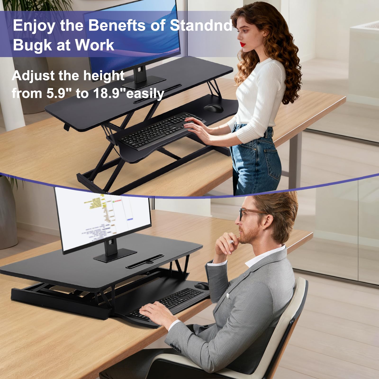 Höhenverstellbarer Schreibtisch-Aufsatz 94 x 40 - Sit-Stand-Erhöhung Macht Jede Workstation zum Standing Desk - mit Tastaturablage Belastbar bis 20 kg Gadgets - Schwarz