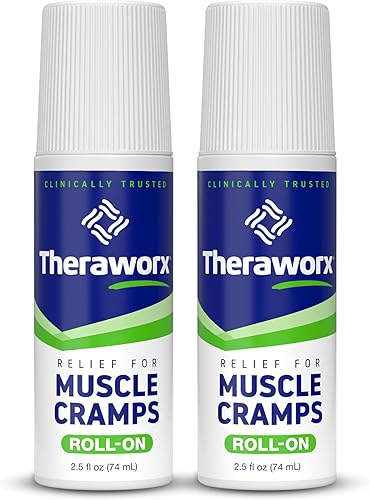 Theraworx Alivio para calambres musculares Roll-On Espasmo muscular de acción rápida, dolor de piernas con sulfato de magnesio - 2.5 oz - 2 unidades
