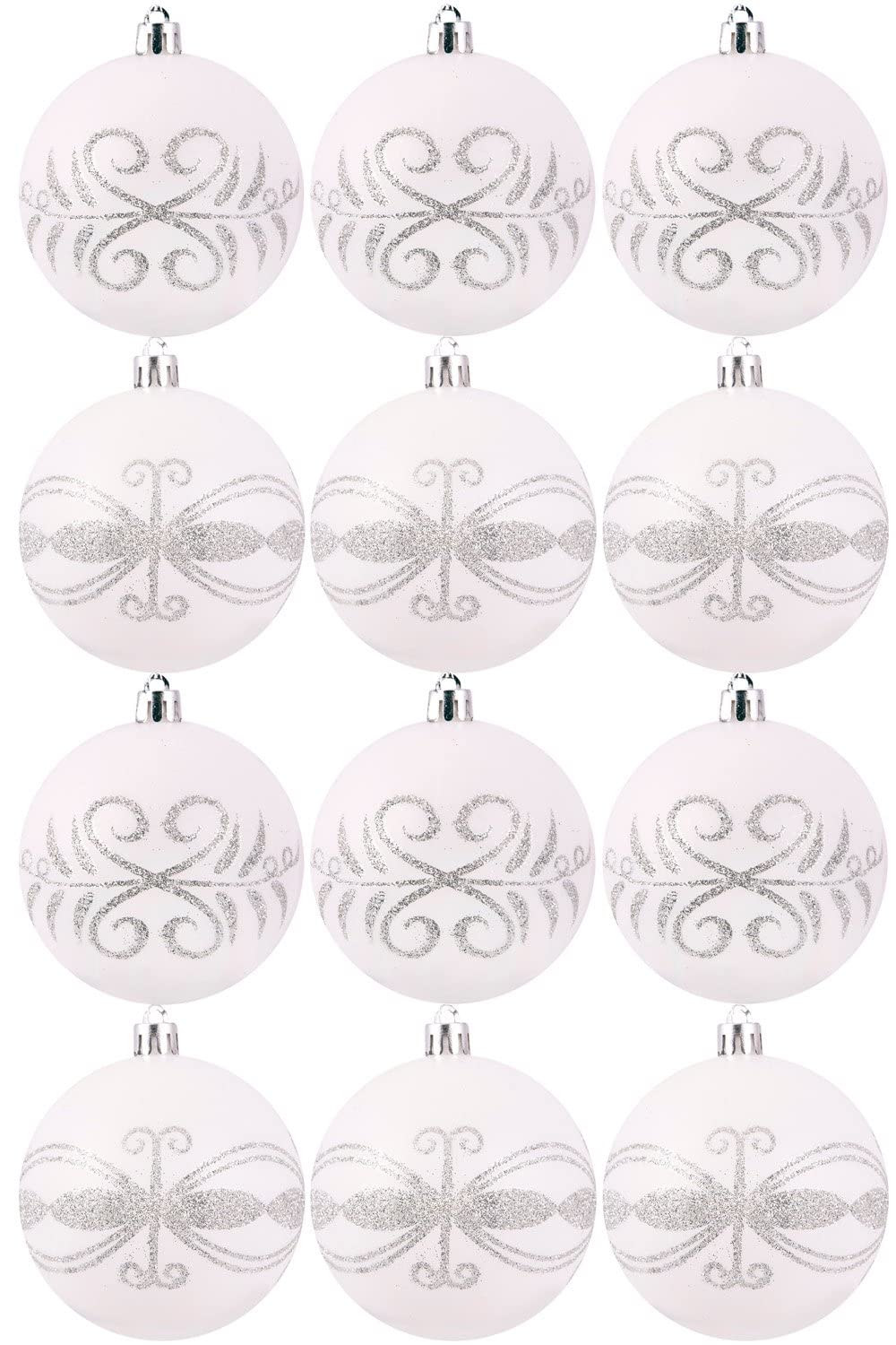 Hand Painted Shatterproof Baubles | 6cm | White & Silver | 12 Pack