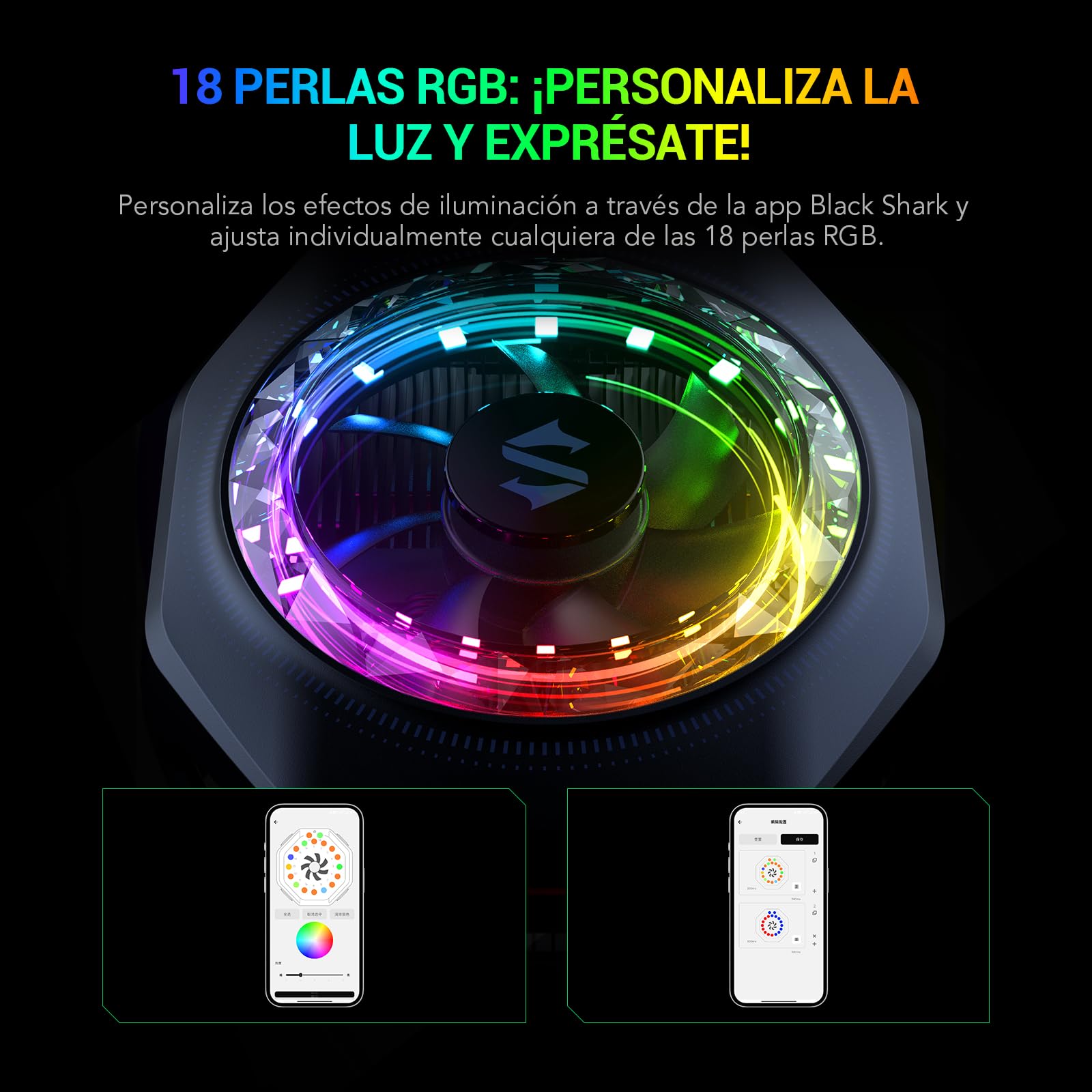 Black Shark Enfriador magnético para teléfono 5 Pro – 18 LED RGB direccionables, agarre desmontable, ventilador de refrigeración termostático controlado por aplicación para iPhone MagSafe/Android/iPad