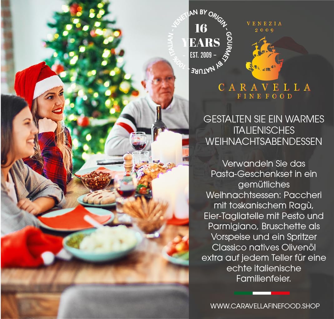Caravella Fine Food italienisches Pasta Geschenkset mit Tagliatelle Paccheri Parmigiano Reggiano 3 Saucen Bruschette & nativem Olivenöl extra | Premium Feinkost für Weihnachten Geburtstag & Familie