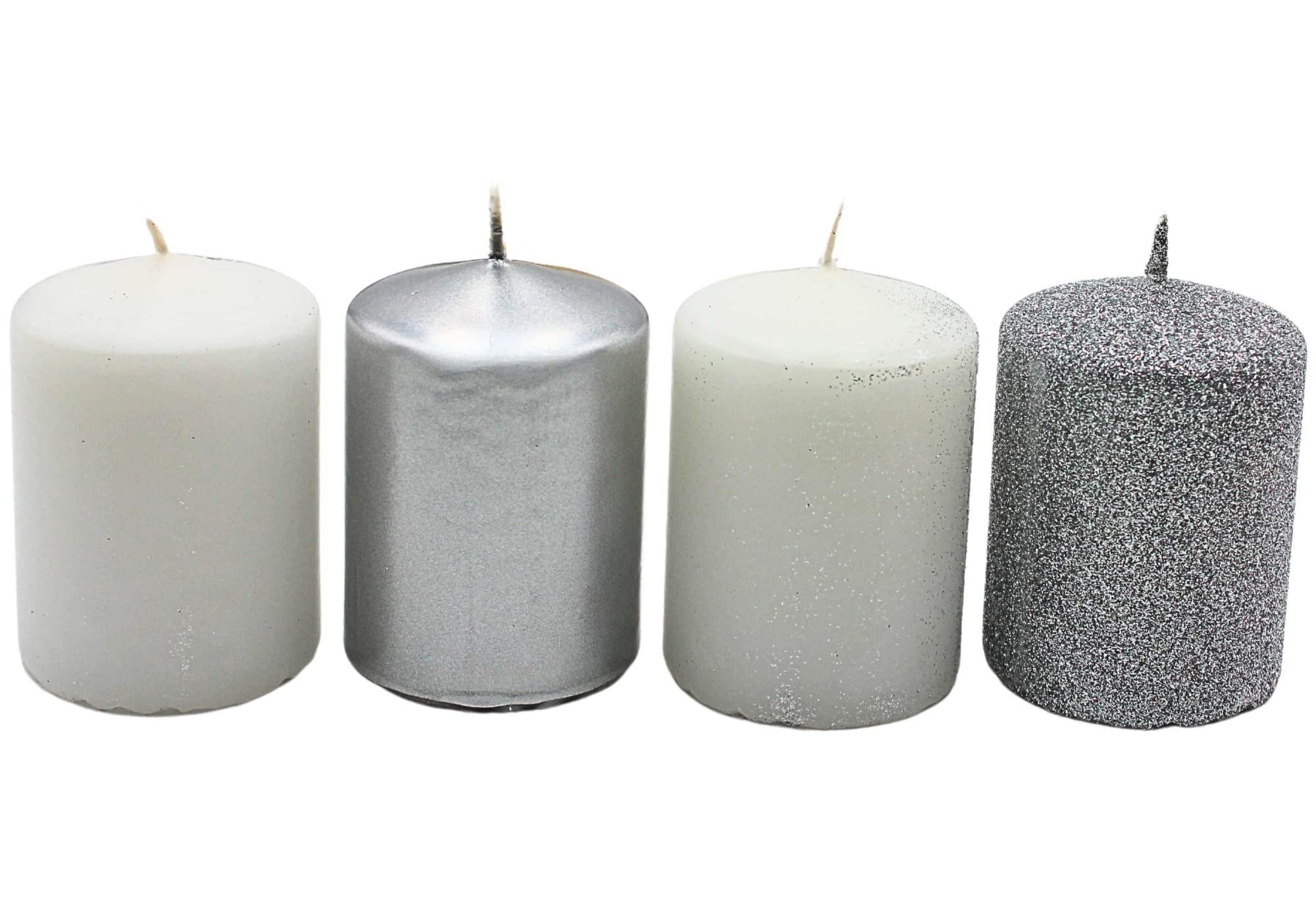 Dekohelden24 Advent Candles, Pillar Candles, 4 Pack, Silver-White, L/W/H 5 x 5 x 7 cm