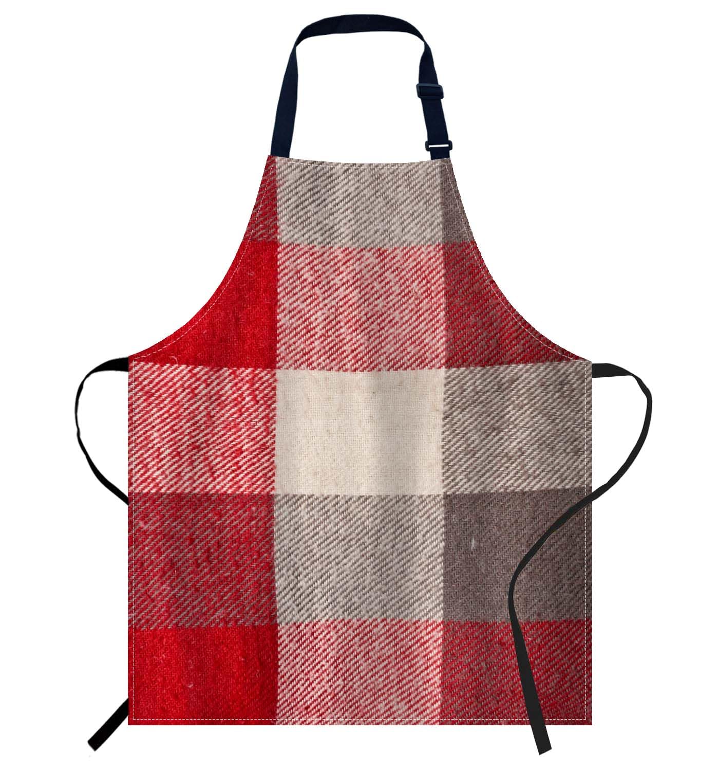 Smooffly Red and grey tartan Apron Adjustable Bib Chef Aprons Cooking Apron Unisex Women Men Aprons Perfect for Home Kitchen Baking