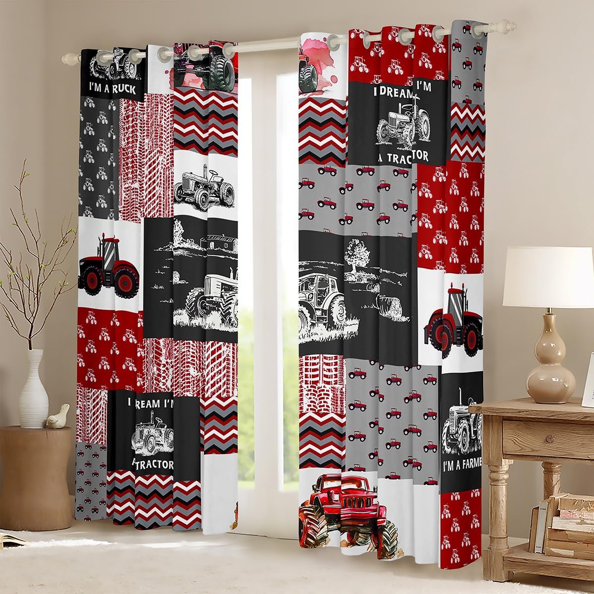 Red Tractor Curtain For Boys,Construction Tractor Window Curtains Kids Teens Equipment Trucks Window Drapes Black White Construction Vehicle Window Treatments Bedroom Decor 38