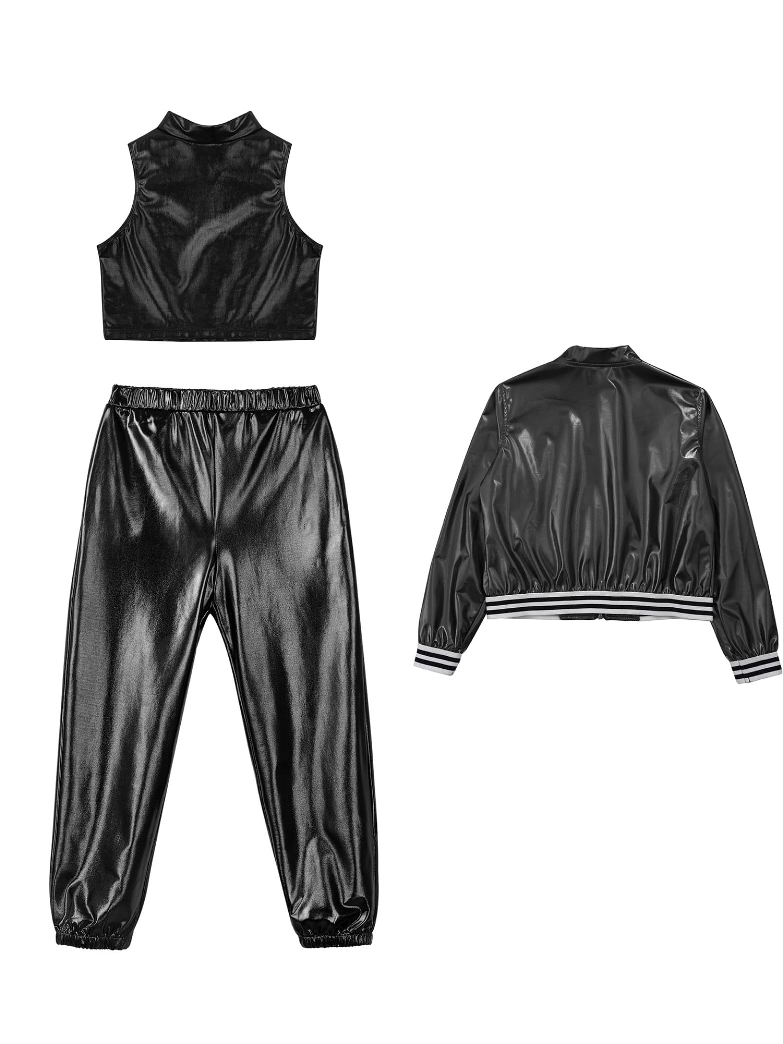 Yhong 3-częściowy zestaw dziewczęcych hip-hopowych ubrań do tańca z kapturem, tank top, spodnie do biegania dla dzieci, metaliczny dres treningowy, brokatowy, casualowy Street