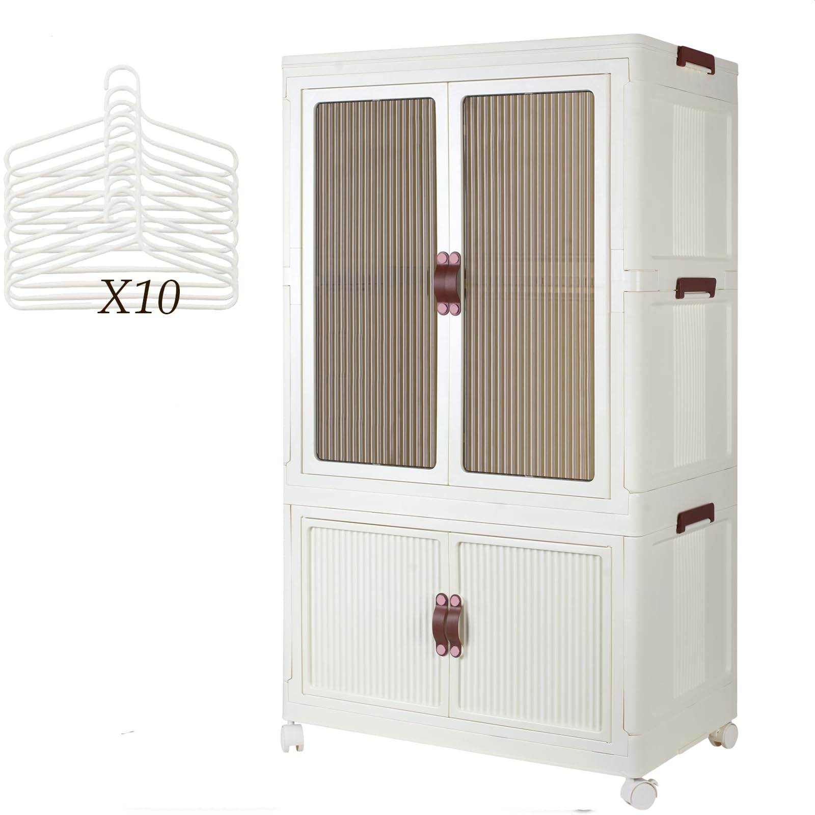 Portable Wardrobe Closet Storage Organizer for Clothes, Folding Storage Bins with Lid, Stackable Storage Box with Hanging Rod and Doors, Collapsible Cabinet with Wheels, 10 Hangers for Bedroom, Office