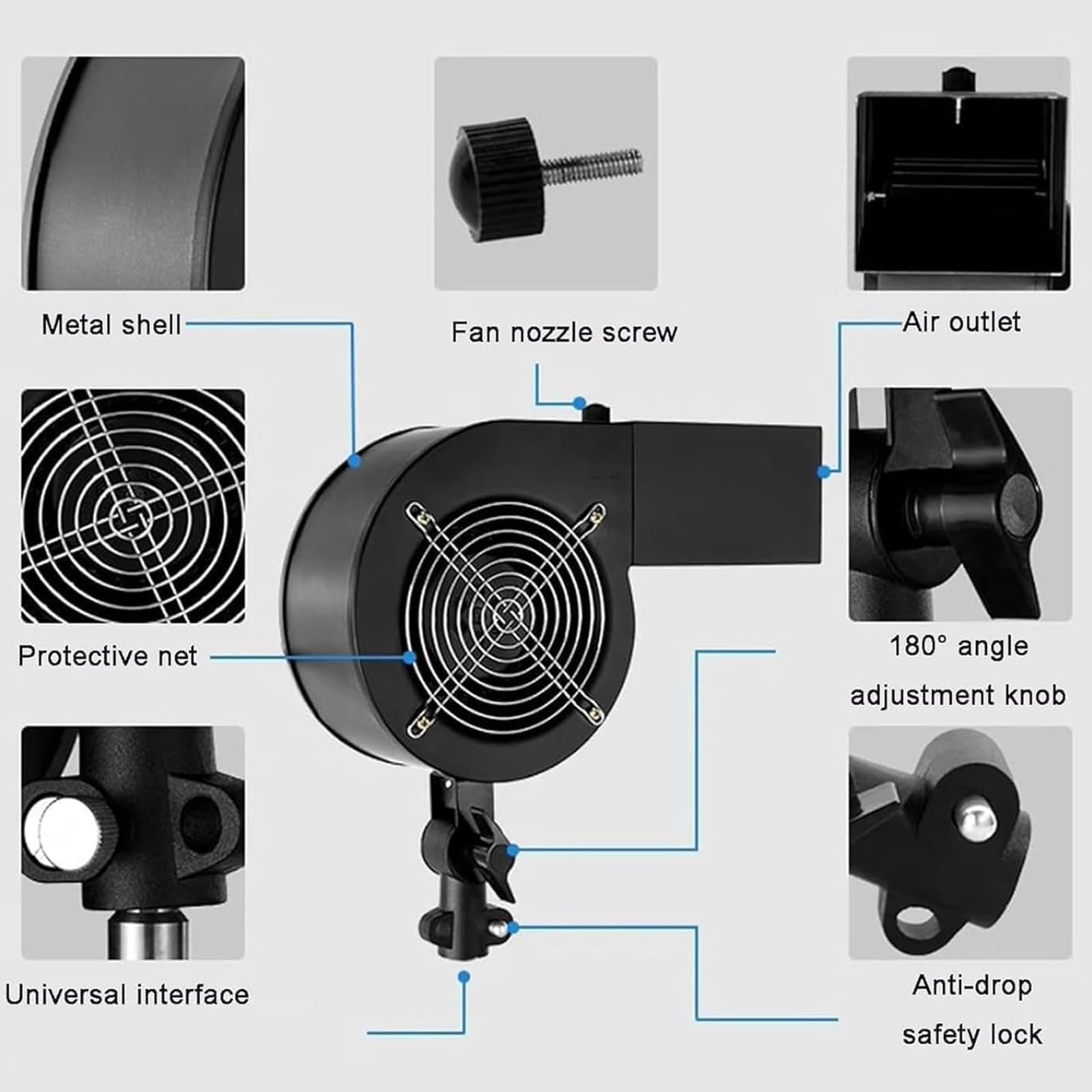 Ventilatore per fotografia, 120 W, portatile, con controllo della velocità variabile e testa regolabile a 180°, 2600 giri/min, per effetti speciali per film e servizi fotografici