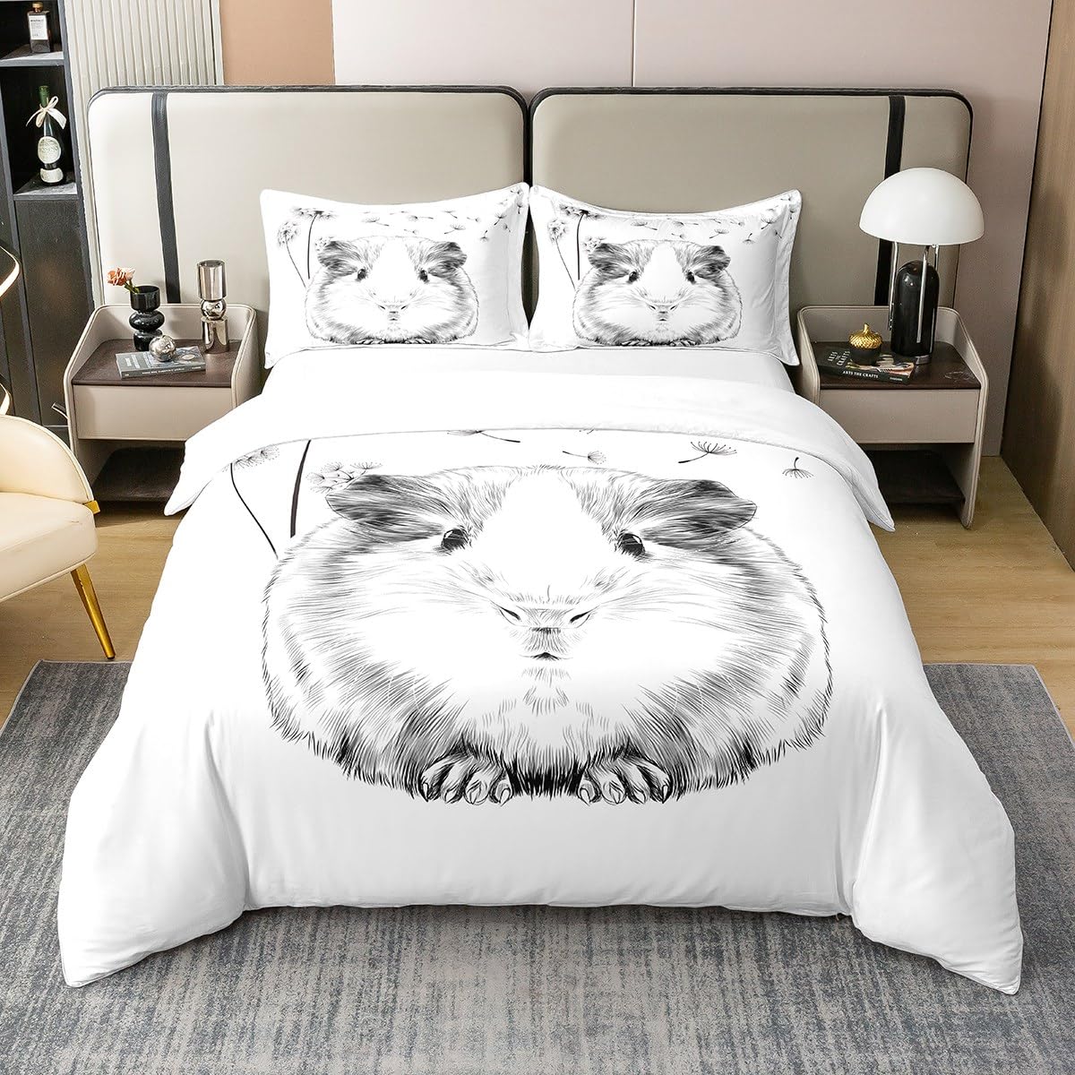 100% Baumwolle Meerschweinchen Bettbezug Löwenzahn Bettwäsche Set 135x200 Ckunstoon Meerschweinchen Quilt Cover für Kinder Nette Tier Pflanze Tröster Abdeckung,Grau Weiß Bettdecke Schlafzimmer Dekor