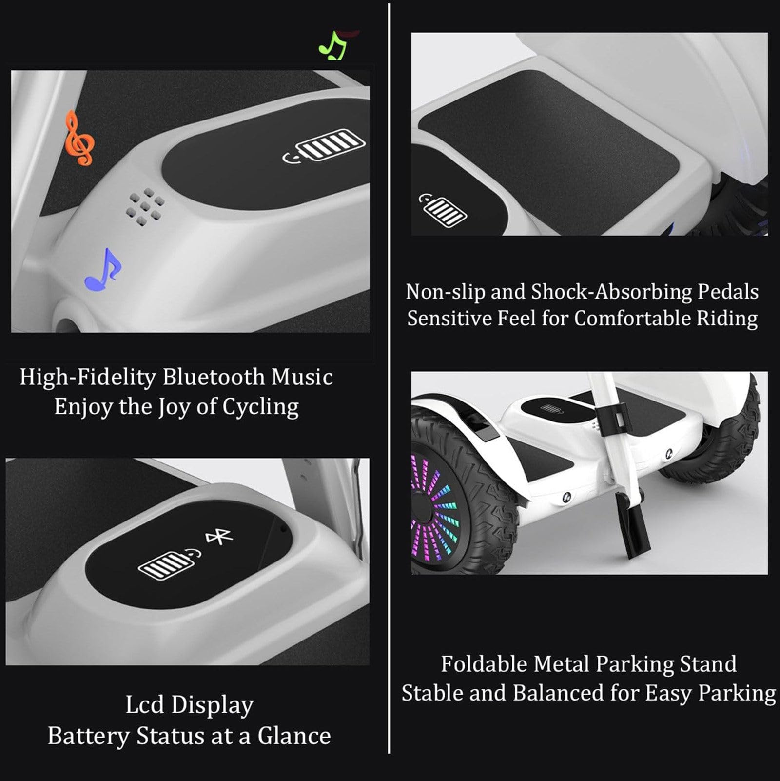 Trottinette Électrique Auto-Équilibrée 10 Pouces, Hoverboard Tout Terrain, Avec Haut-Parleur Bluetooth, Commandes Manuelles/Au Pied/Application, Système D'auto-Équilibrage White