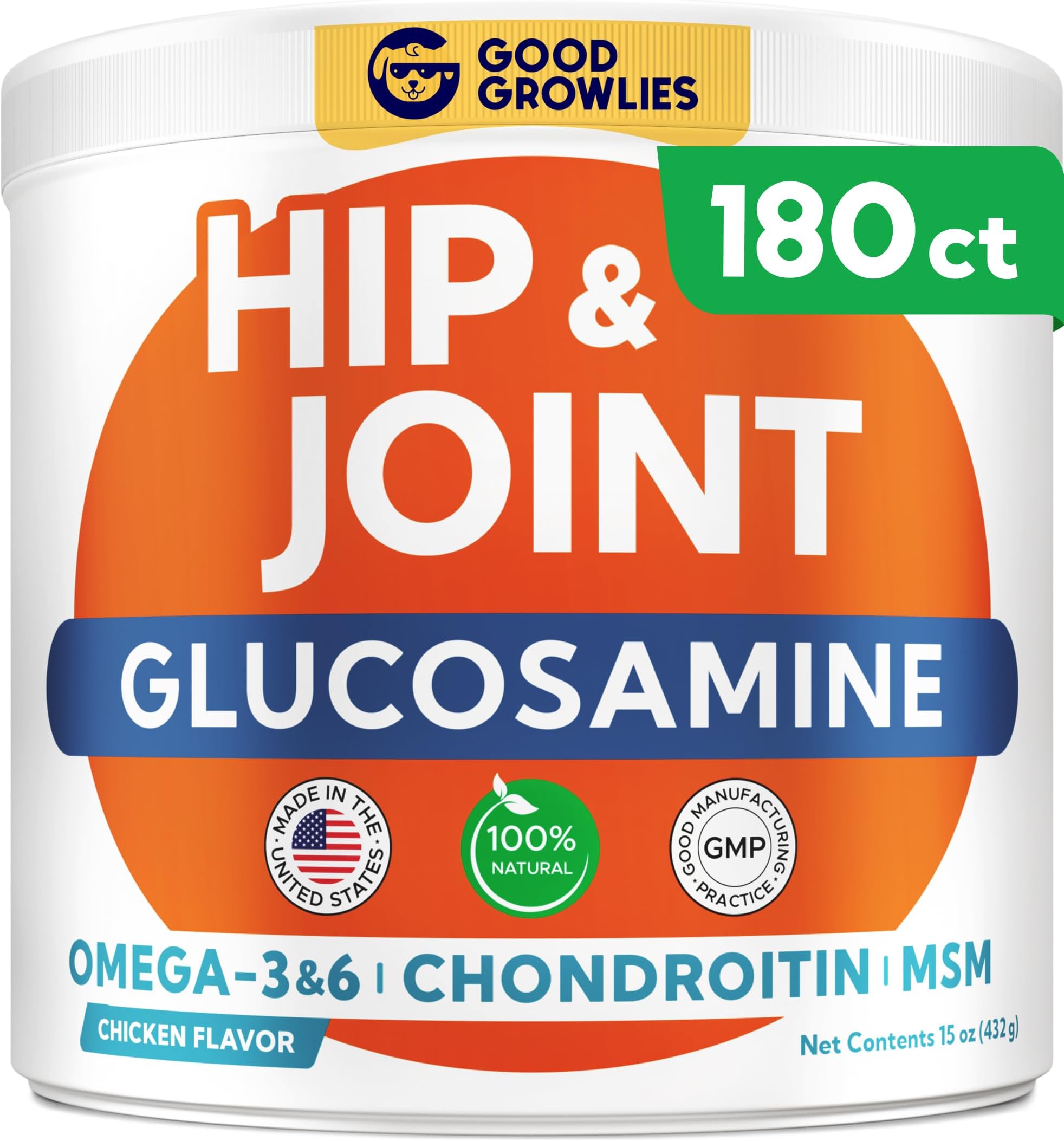 Glucosamine for Dogs Hip & Joint Supplement - Chondroitin, Omega-3, MSM - Joint Health & Pain Relief - Senior & Large Dogs - Made in USA - 180 Mobility Chews