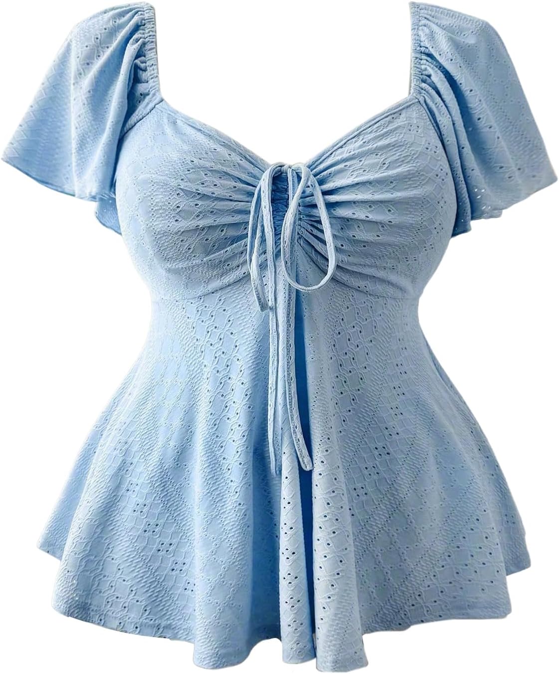 SOLY HUX Women's Plus Size Short Sleeve Tie Front Blouse Ruffle Short Sleeve Shirts Babydoll Tops