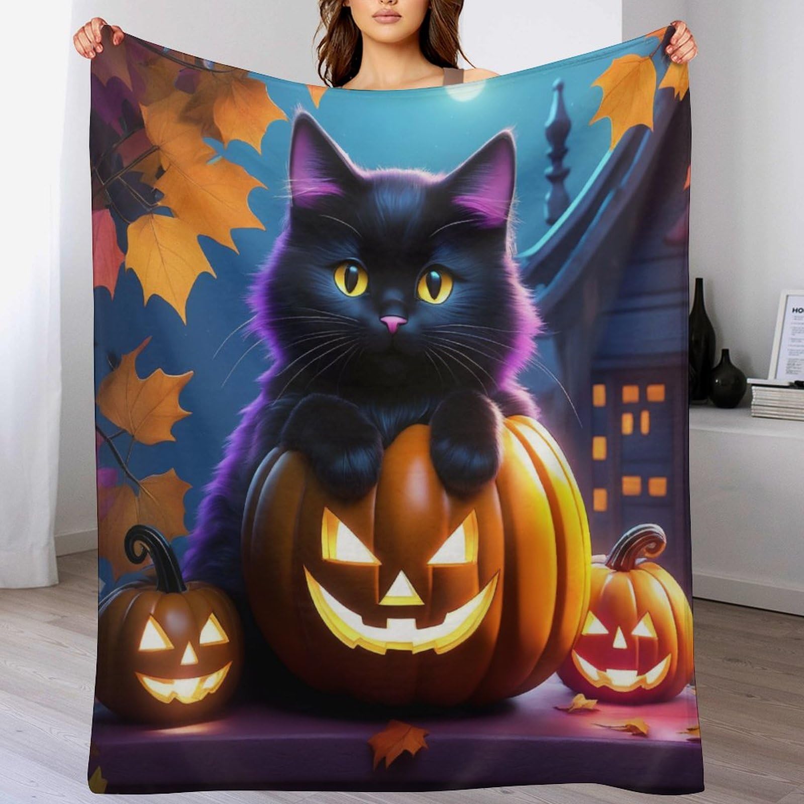 Couverture polaire chaude pour canapé contre le froid avec motif chat Halloween en flannel