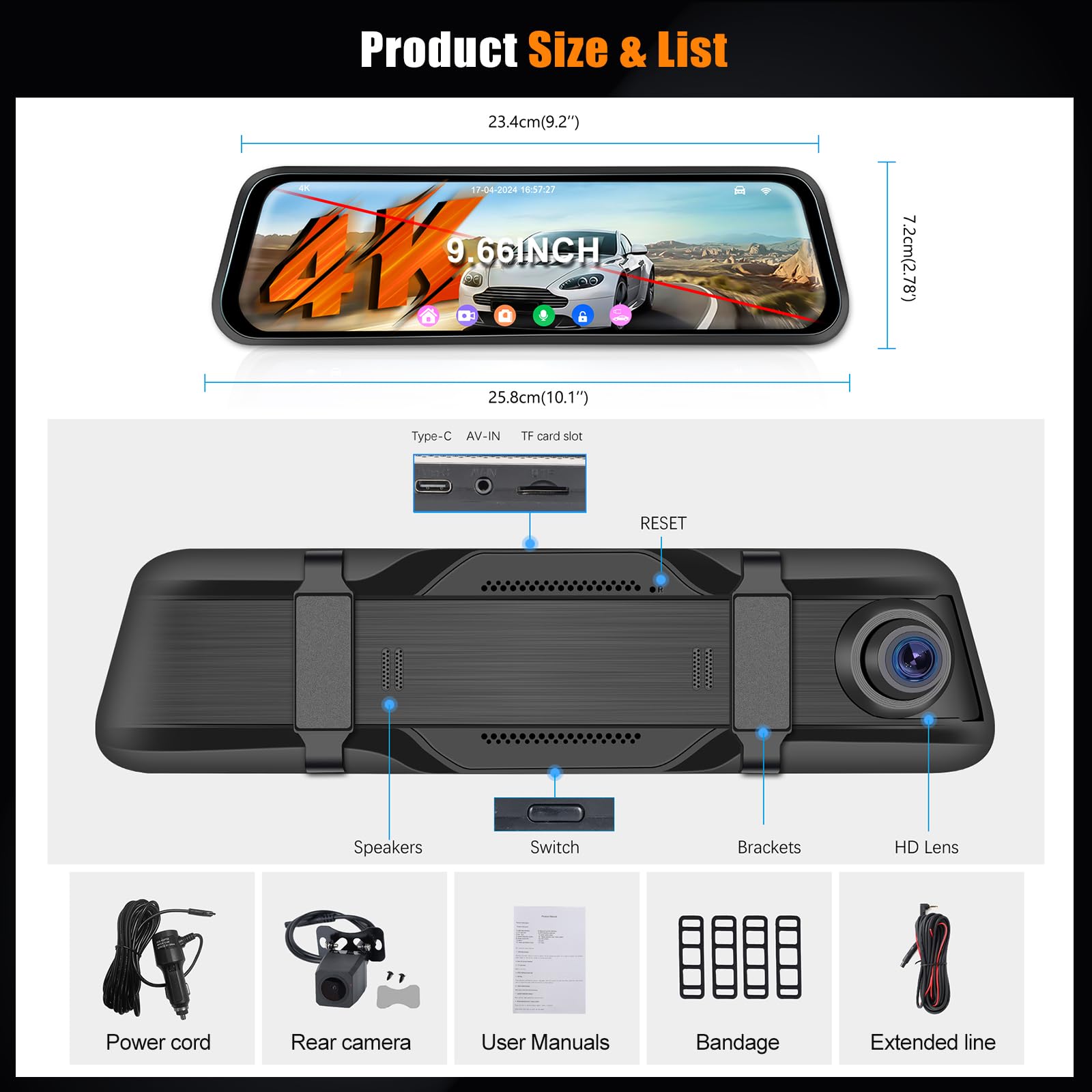 CAMECHO Retrovisor 9.66 Pulgadas 4K Mirror Dash CAM Coche con 1080P Cámara Trasero, Delantera 150° y Trasera Dashcam 120° con ADAS y BSD Línea Inversa, Visión Nocturna, Sensor G, WiFi