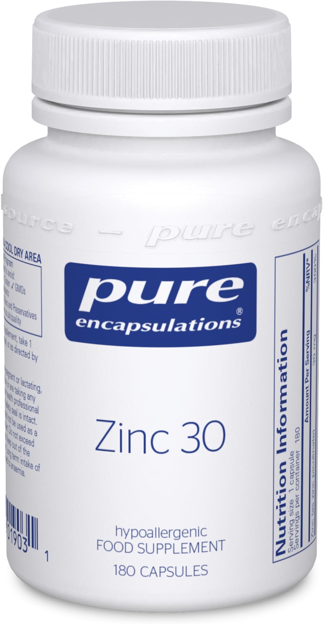 Pure Encapsulations Zinc 30 - Zinc Picolinate 30mg - Highly Absorbable Hypoallergenic Supplement - 180 Capsules