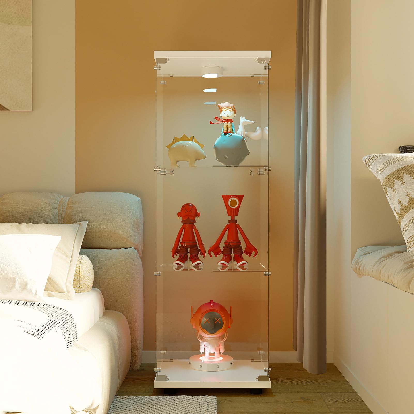 BRILVERDE - Vetrinetta in vetro a piantana con 3 livelli, vetrina in vetro temperato, vetrinetta trasparente con illuminazione a LED, vetrina antipolvere con serratura per soggiorno, camera da letto e