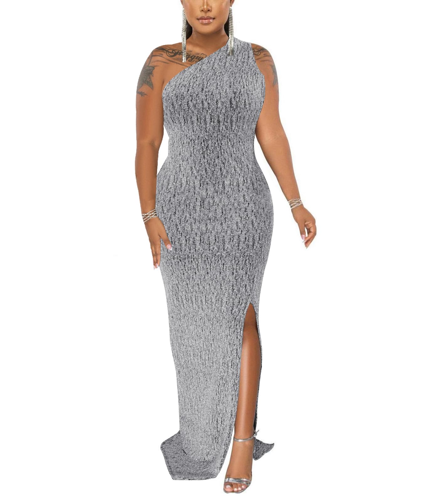Vestido formal para mujer, elegante, brillante, con un hombro descubierto, sin mangas, con abertura alta, para cóctel, fiesta, baile de graduación
