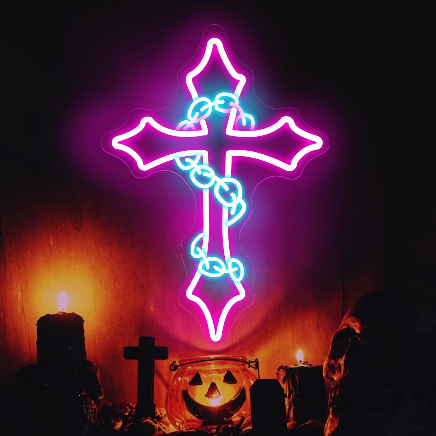 Gothic Cross with Chain Neon Sign USB Dimmable LED Light 18.9x13in