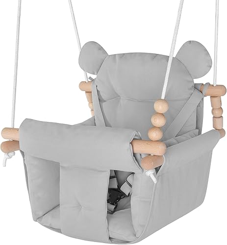 Columpio para bebé para interiores y exteriores, asiento de columpio de madera de lona segura, arnés de seguridad ajustable de 3 puntos, accesorios