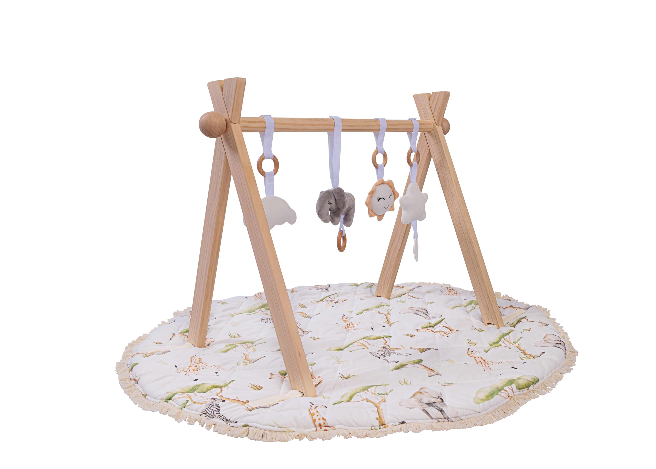 Premium Wooden Baby Gym with Washable Play Mat | FSC-Certified Montessori Activity Center | Sustainable Non-Toxic Play Gym for Baby Development 0-12 Months | Natural Wood Activity Center