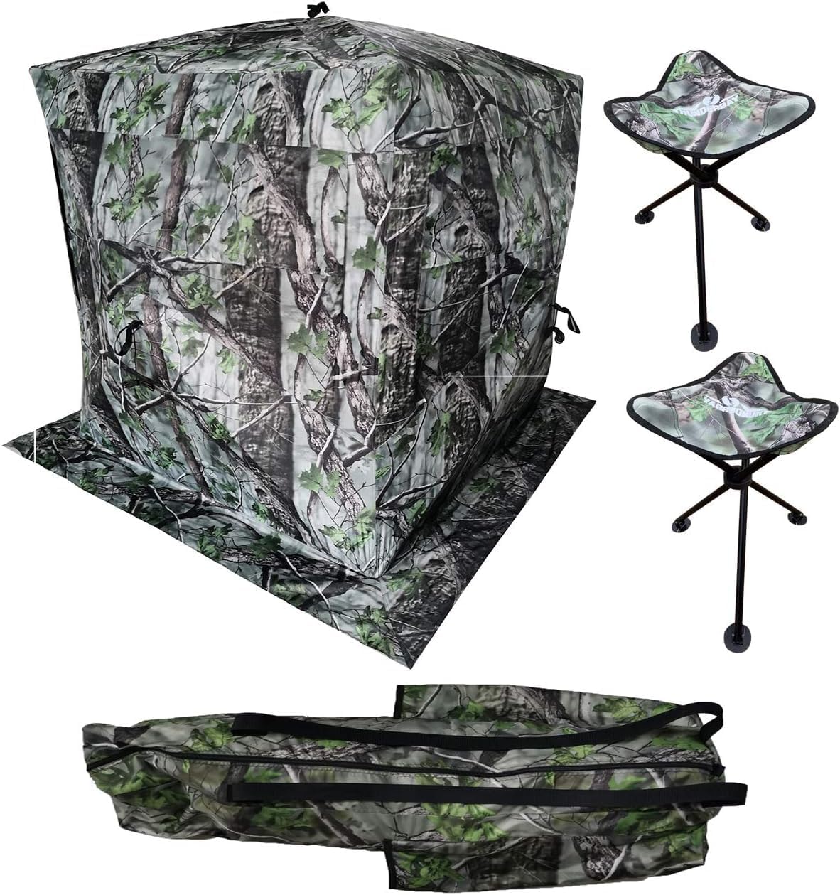 See Through Hunting Blind Combo with 2 Chairs, 3 Person Pop Up Ground Blinds 180 Degree, 300D Durable Hunting Tent for Deer & Turkey Hunting (Camouflage), Floor Space 58" x 58"